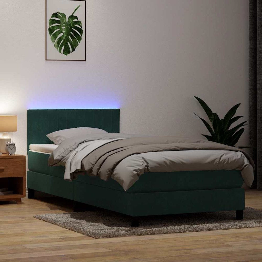 vidaXL Resårsäng med madrass och LED mörkgrön 90x220 cm sammet