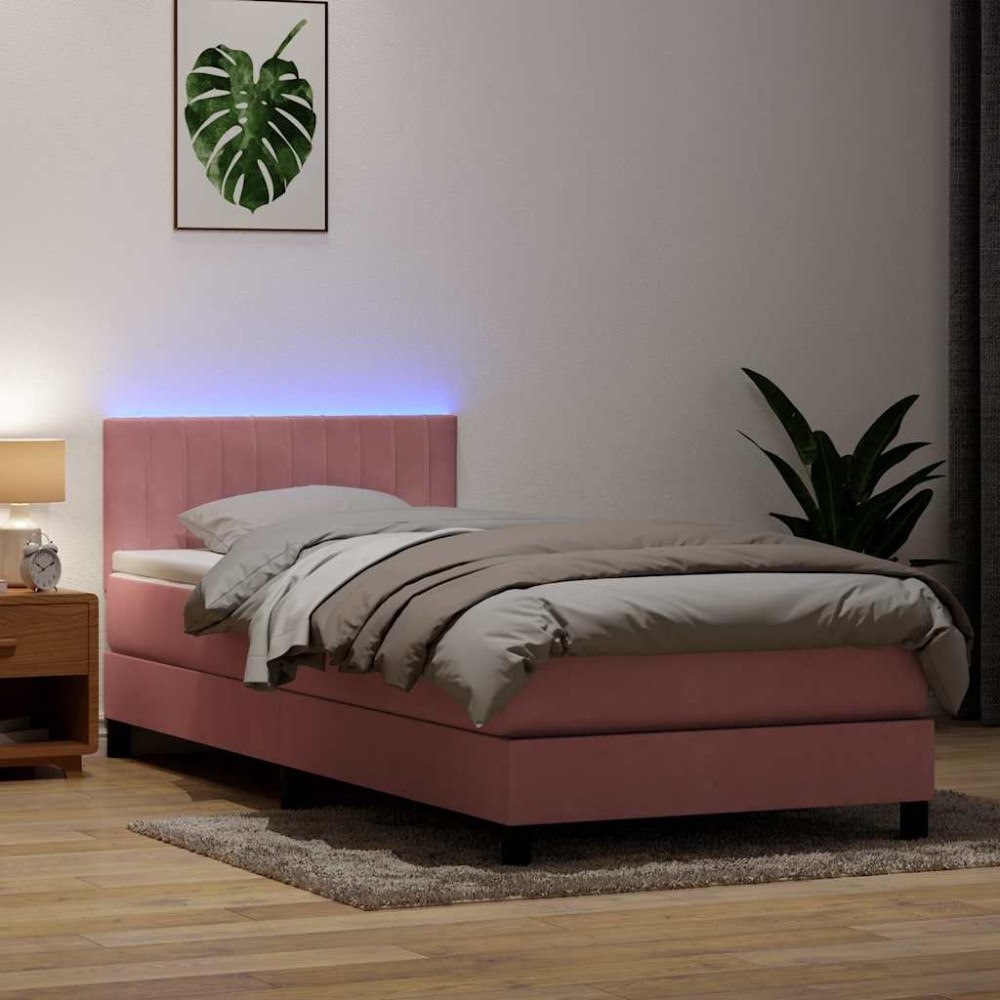 vidaXL Resårsäng med madrass och LED rosa 90x220 cm sammet