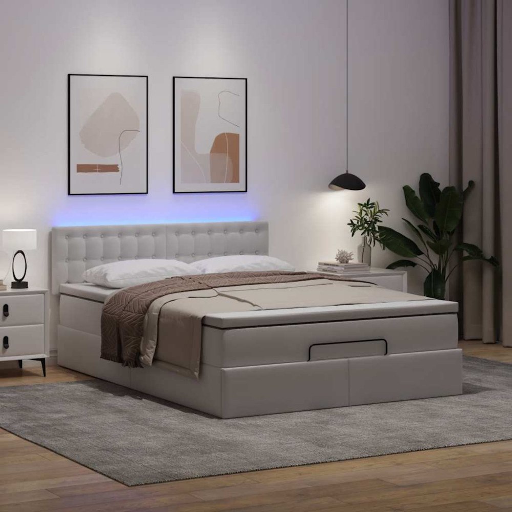 vidaXL Ottomansk säng med madrasser&LEDs ren vit 140x190cm konstläder