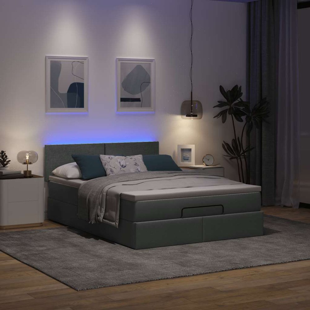vidaXL Ottoman säng med madrass och LED-lampor mörkgrå 140x190 cm tyg