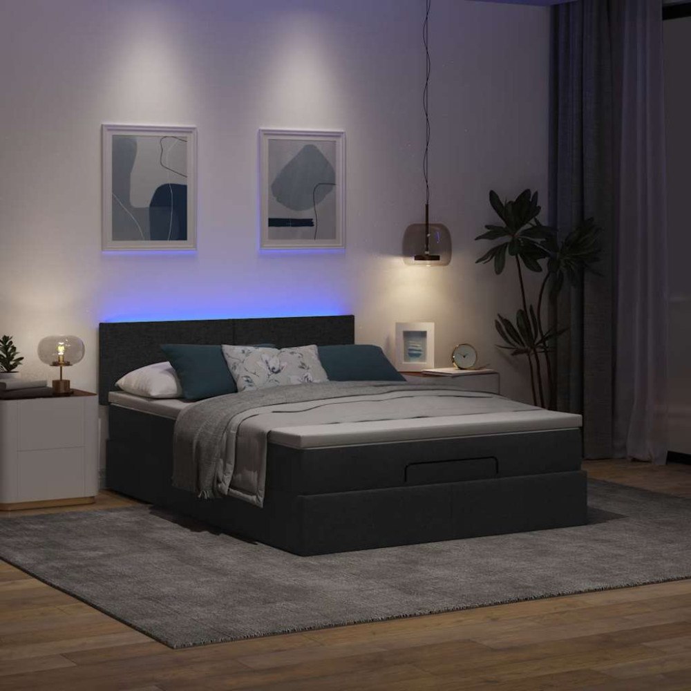 vidaXL Ottoman säng med madrass och LED-lampor svart 140x190 cm tyg