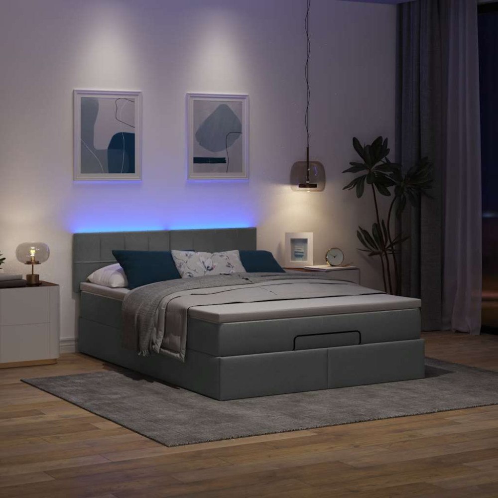 vidaXL Ottoman säng med madrass och LED-lampor mörkgrå 140x190 cm tyg
