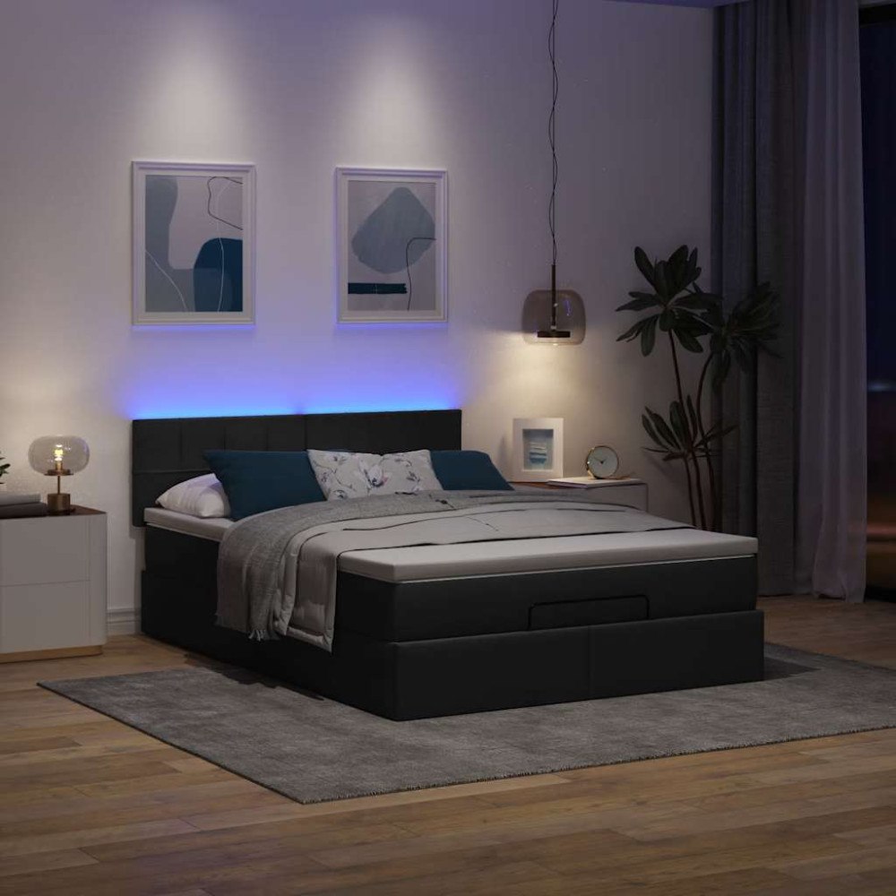 vidaXL Ottoman säng med madrass och LED-lampor svart 140x190 cm tyg