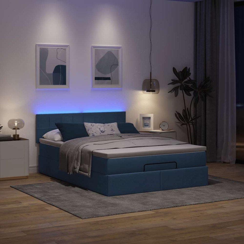 vidaXL Ottoman säng med madrass och LED-lampor blå 140x190 cm tyg