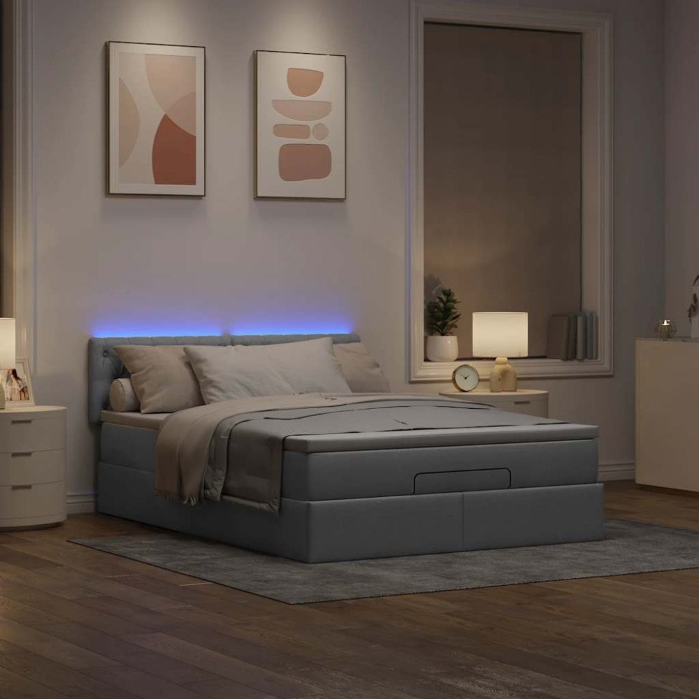 vidaXL Ottoman säng med madrass och LED-lampor ljusgrå 140x190 cm tyg