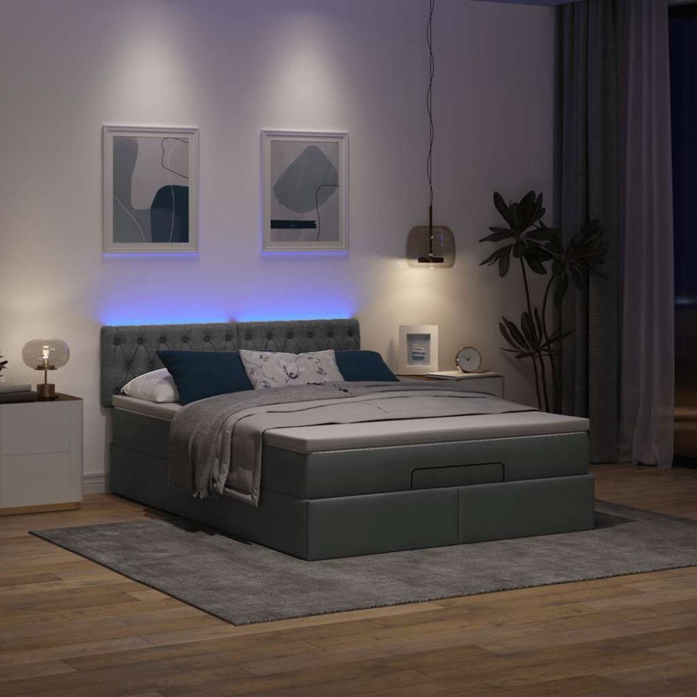 vidaXL Ottoman säng med madrass och LED-lampor mörkgrå 140x190 cm tyg