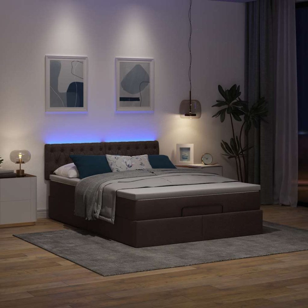 vidaXL Ottoman säng med madrass och LED-lampor mörkbrun 140x190 cm tyg