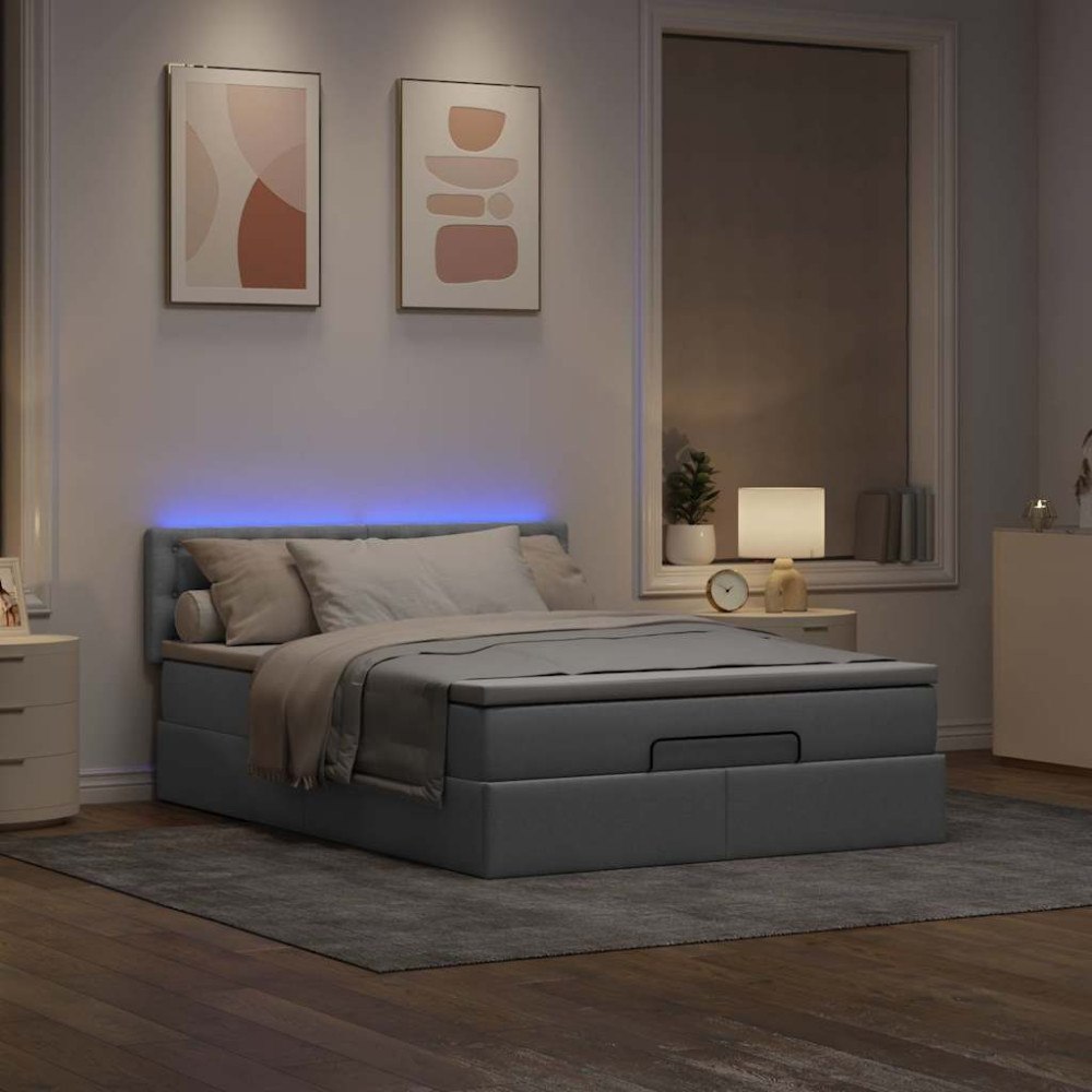 vidaXL Ottoman säng med madrass och LED-lampor ljusgrå 140x190 cm tyg