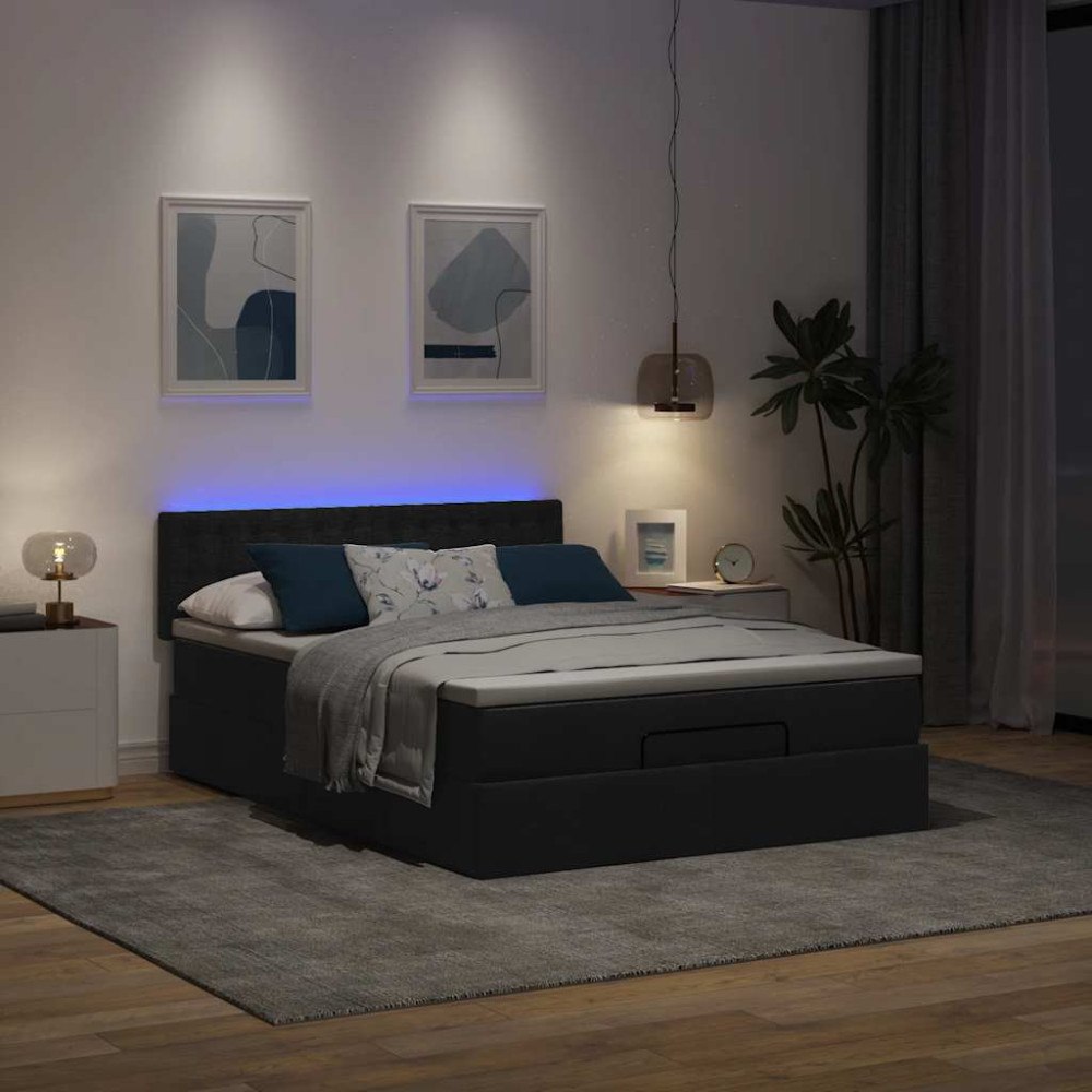 vidaXL Ottoman säng med madrass och LED-lampor svart 140x190 cm tyg