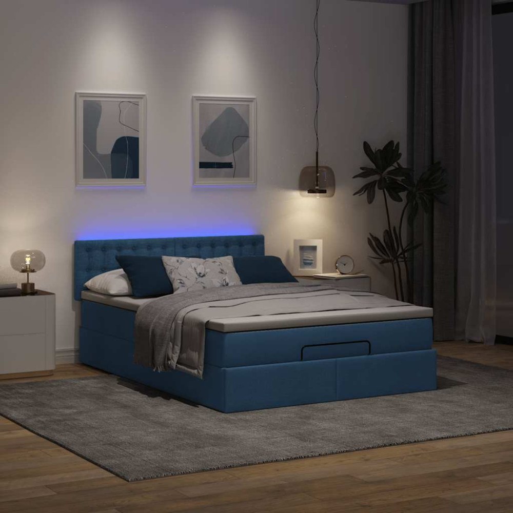 vidaXL Ottoman säng med madrass och LED-lampor blå 140x190 cm tyg