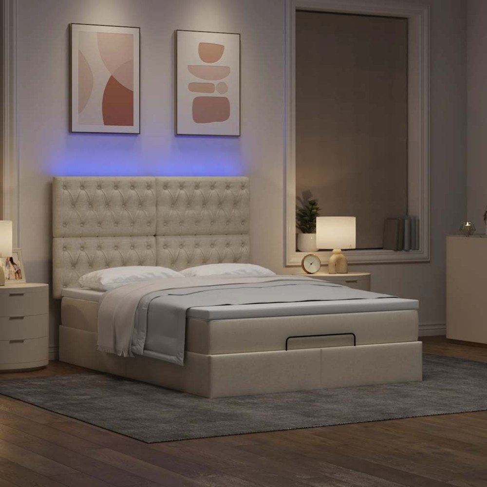 vidaXL Ottoman sängram med madrass gräddvit 140x190 cm tyg