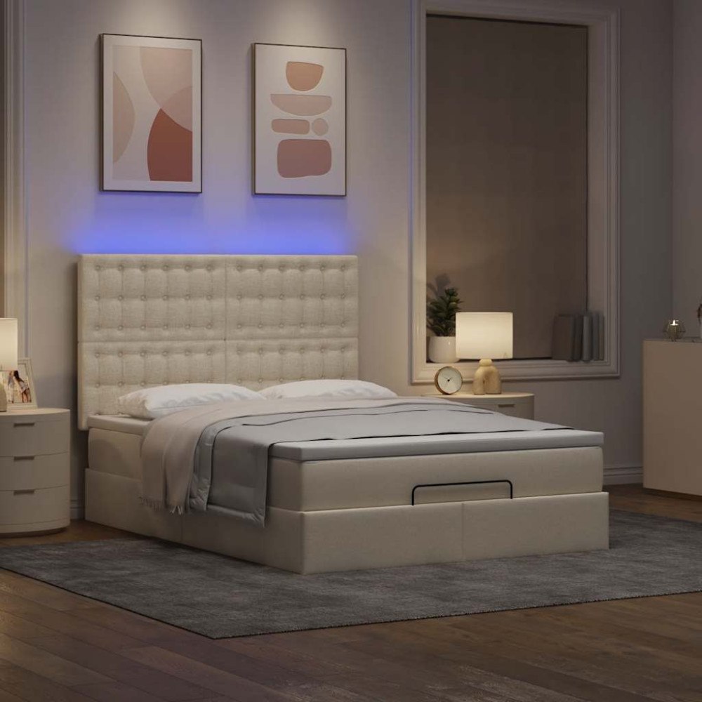 vidaXL Ottoman sängram med madrass gräddvit 140x190 cm tyg