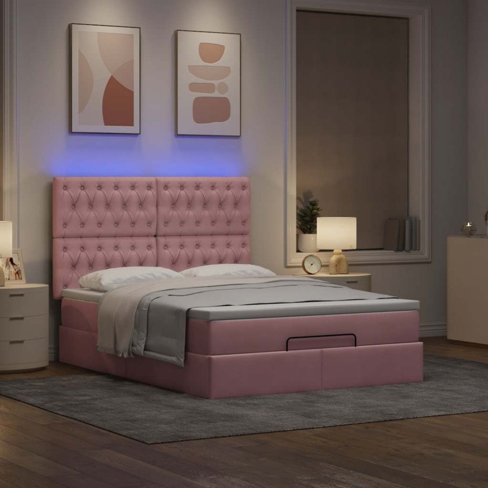 vidaXL Ottoman sängram med madrasser rosa 140x190 cm sammet
