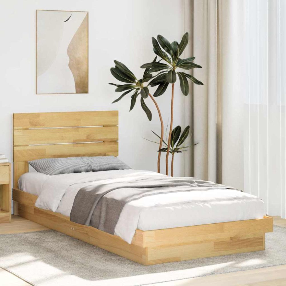 vidaXL Sängram med huvudgavel utan madrass 75x190 cm massivt trä ek