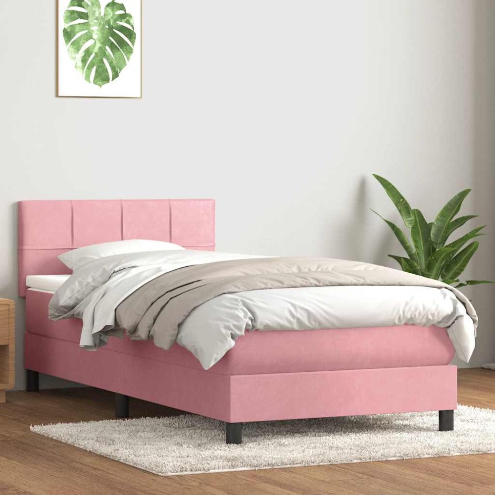 vidaXL Resårsäng med madrass rosa 90x220 cm sammet