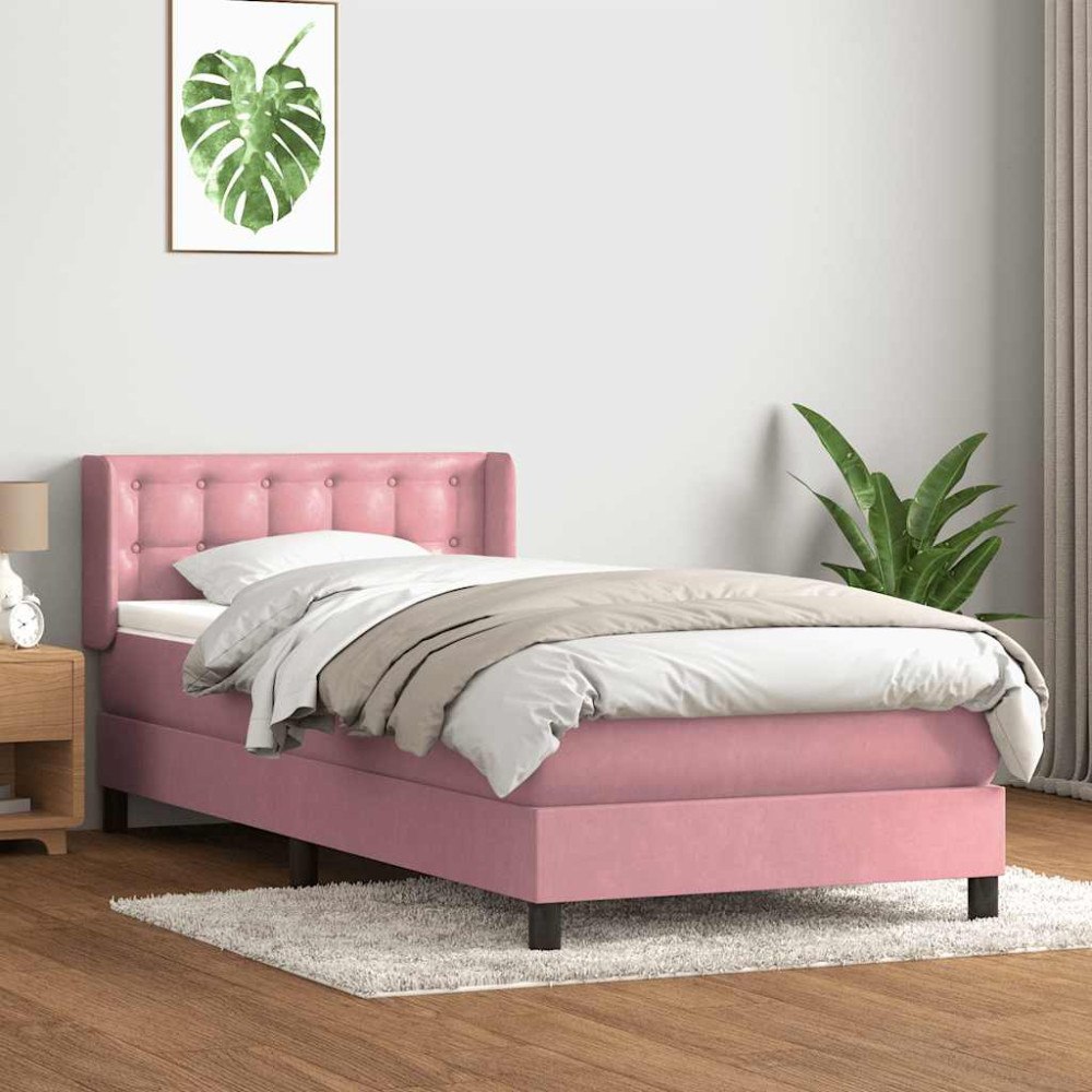 vidaXL Resårsäng med madrass rosa 90x220 cm sammet