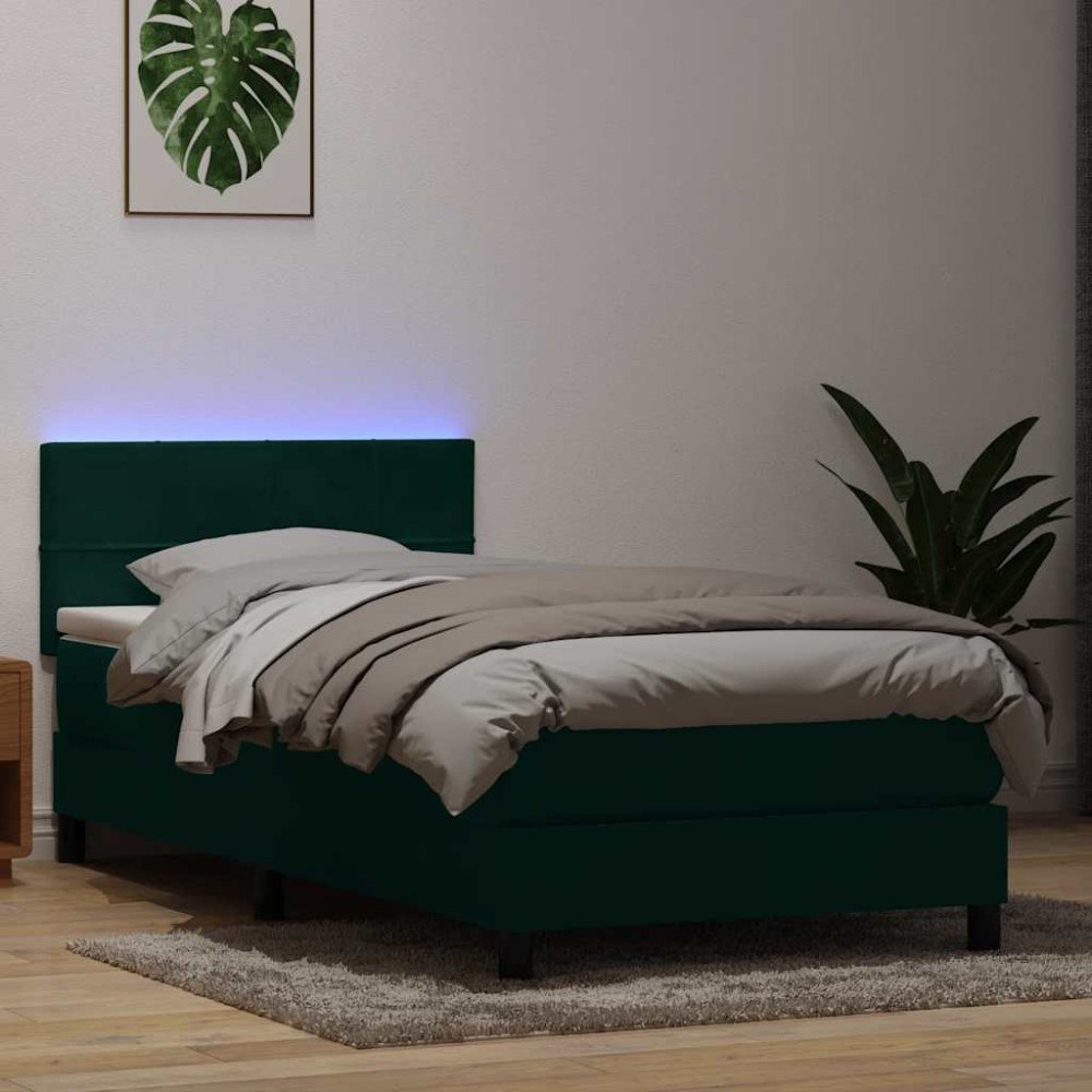 vidaXL Resårsäng med madrass och LED mörkgrön 90x220 cm sammet
