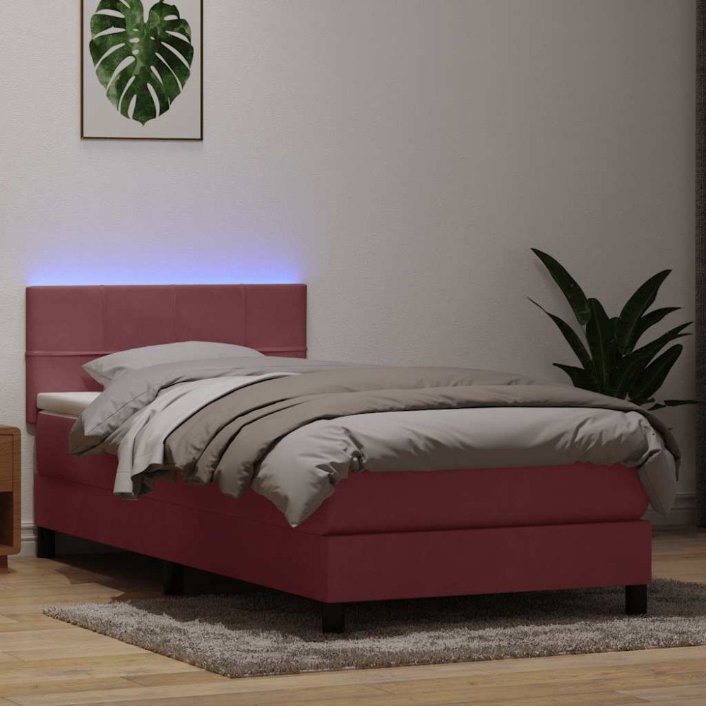 vidaXL Resårsäng med madrass och LED rosa 90x220 cm sammet