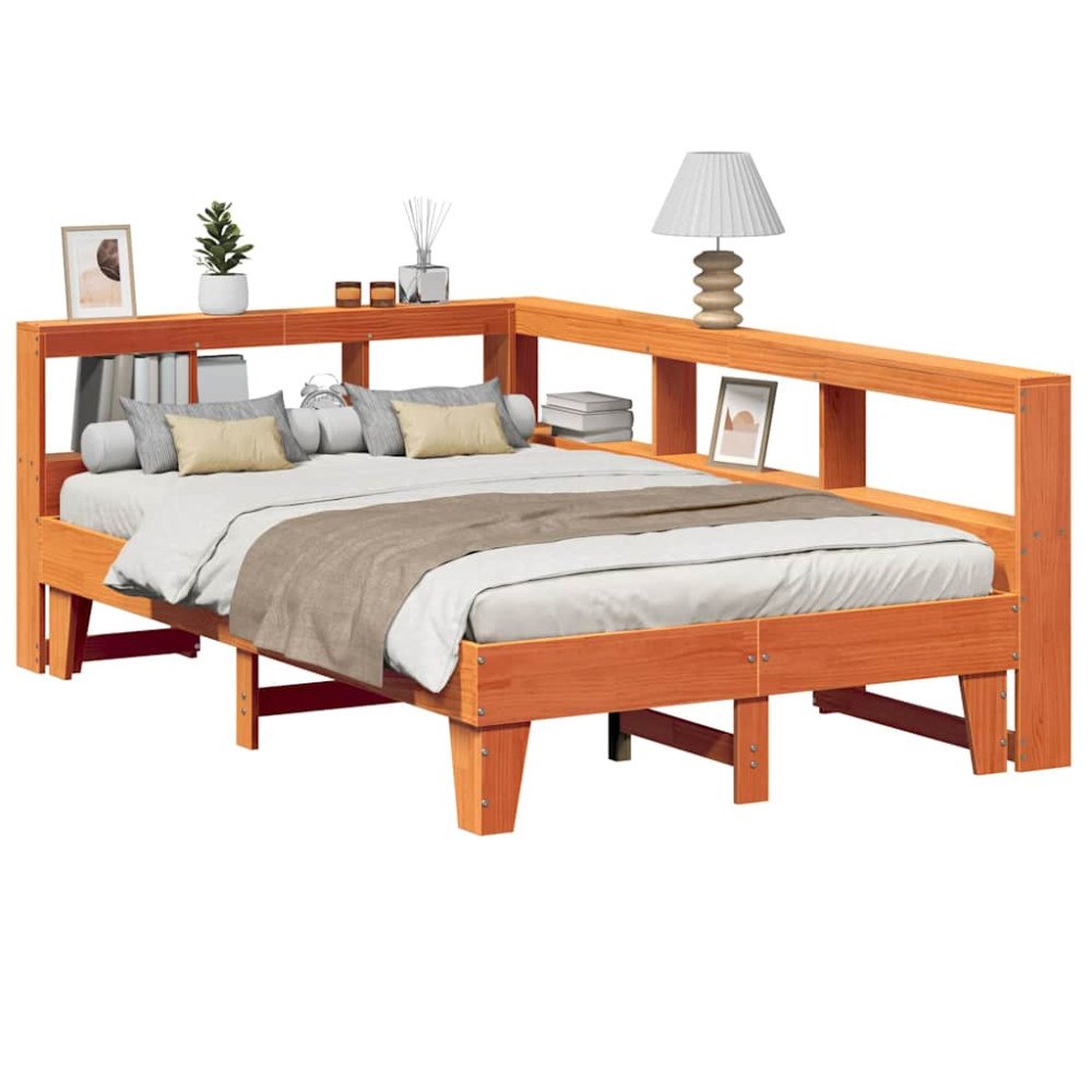 vidaXL Säng med bokhylla utan madrass vaxbrun 135x190cm massiv furu