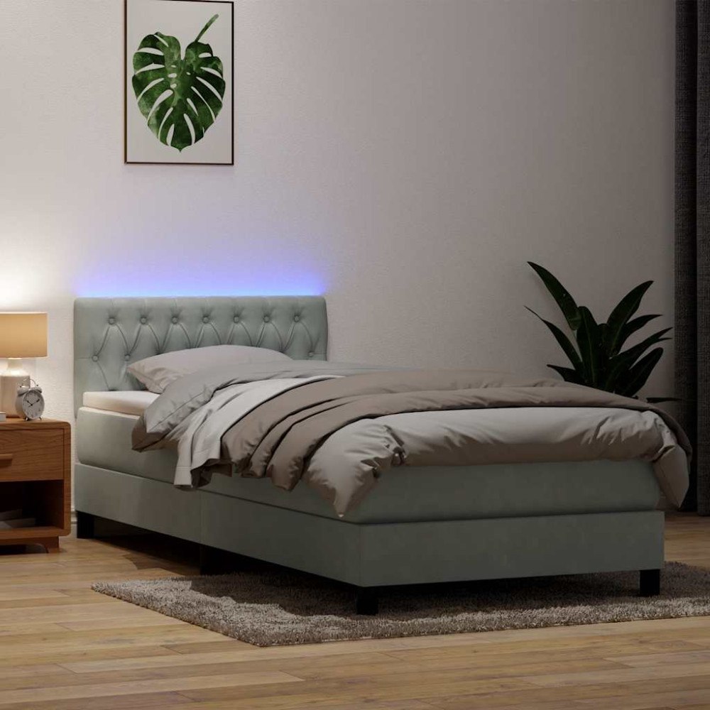 vidaXL Resårsäng med madrass och LED ljusgrå 80x220 cm sammet