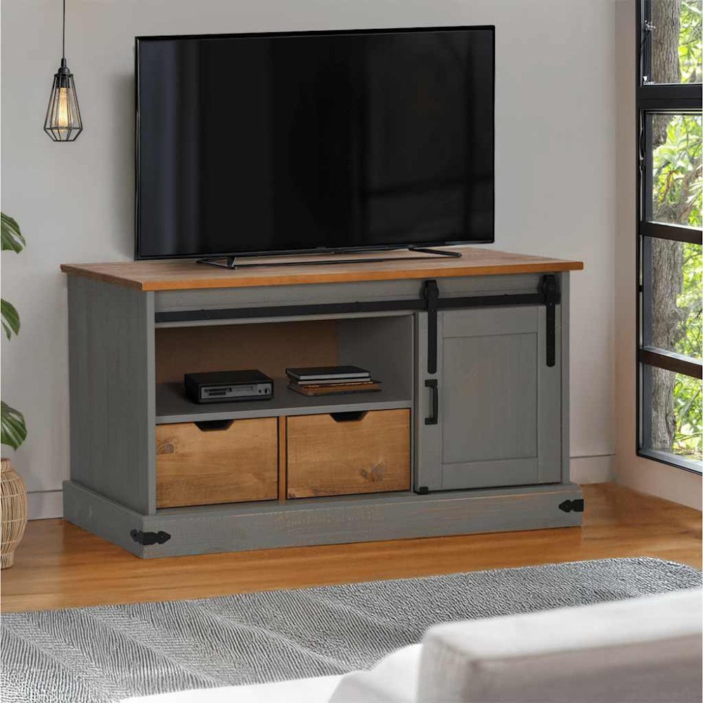 vidaXL TV-bänk HALDEN med skjutdörr grå 110x40x60 cm massivt trä