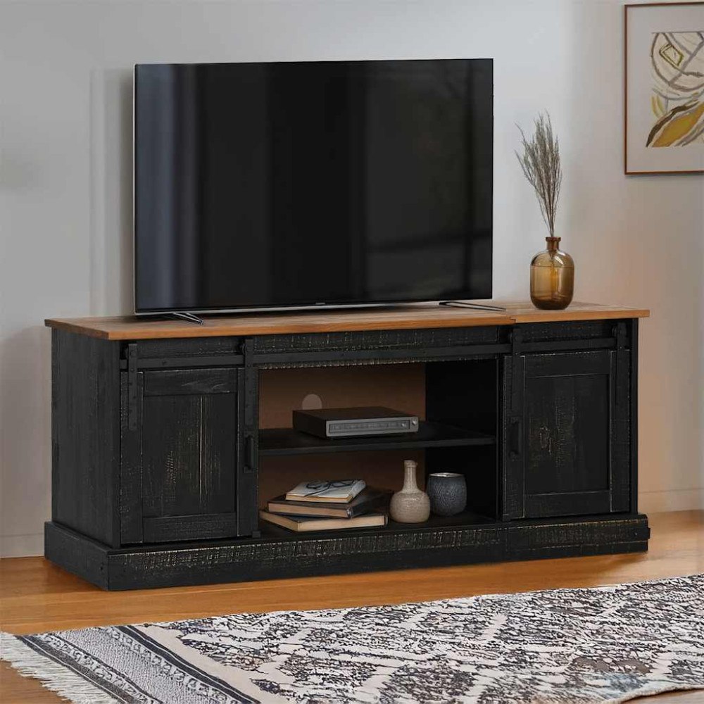 vidaXL TV-bänk HALDEN 2 skjutdörrar svart 150x40x60 cm massivt trä