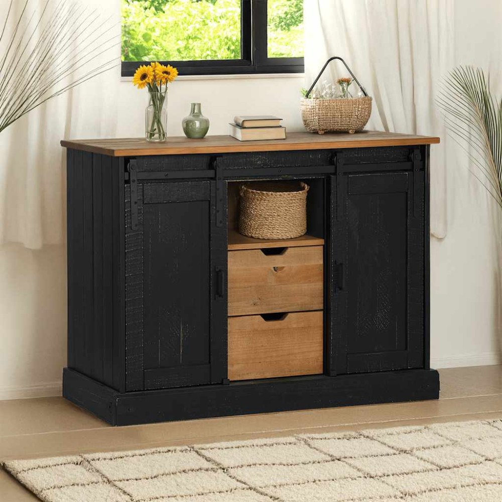 vidaXL Skänk HALDEN 2 skjutdörrar svart 112x40x80 cm massivt trä
