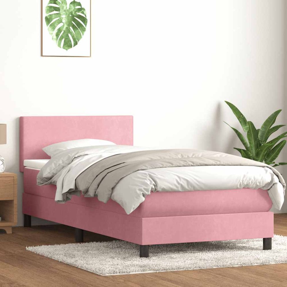 vidaXL Resårsäng med madrass rosa 90x220 cm sammet