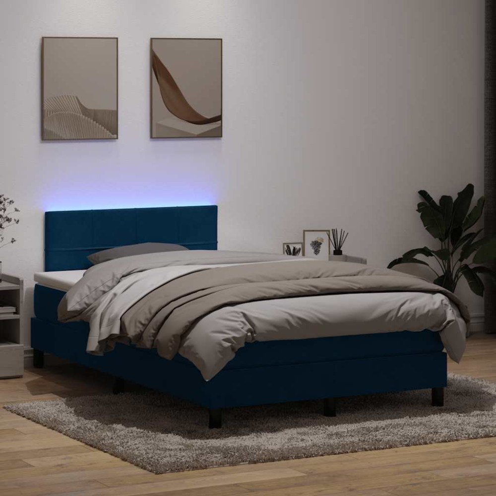 vidaXL Resårsäng med madrass och LED mörkblå 120x210 cm sammet