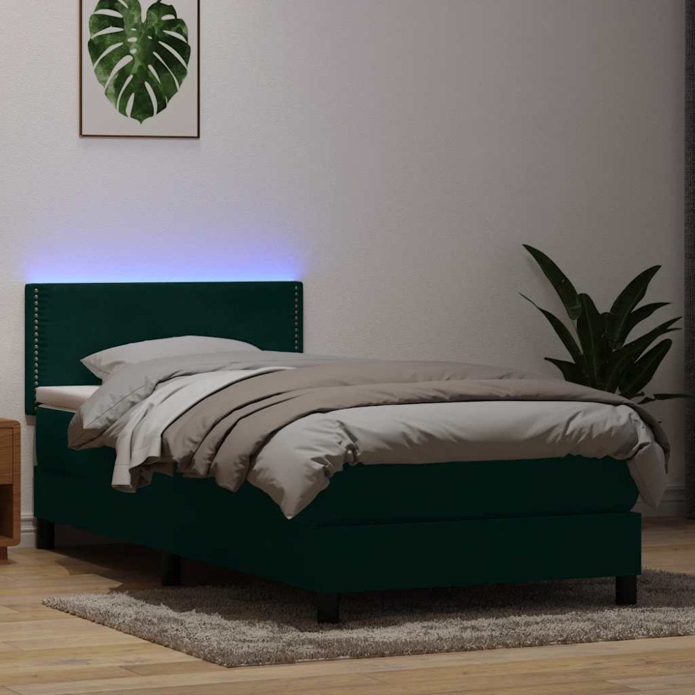 vidaXL Resårsäng med madrass och LED mörkgrön 80x220 cm sammet