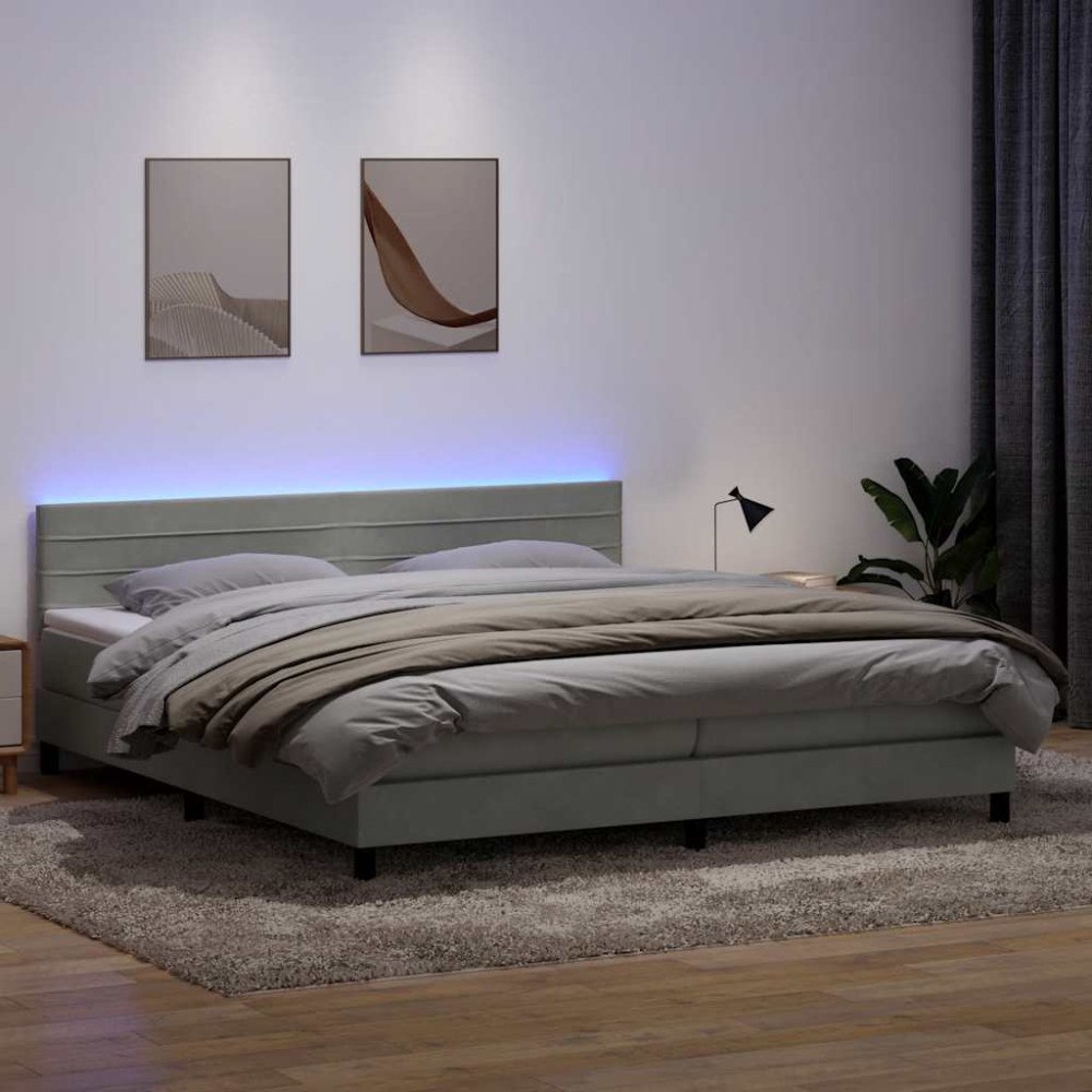 vidaXL Resårsäng med madrass och LED ljusgrå 180x210 cm sammet
