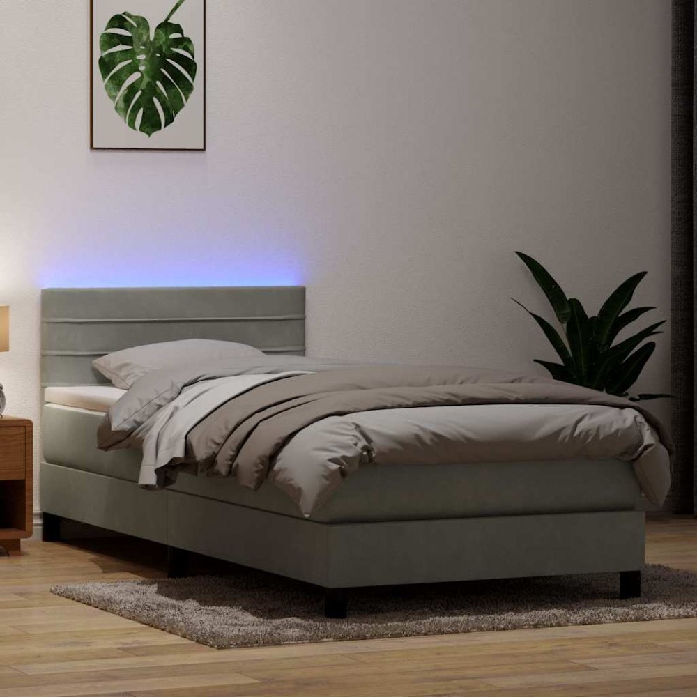 vidaXL Resårsäng med madrass och LED ljusgrå 80x220 cm sammet