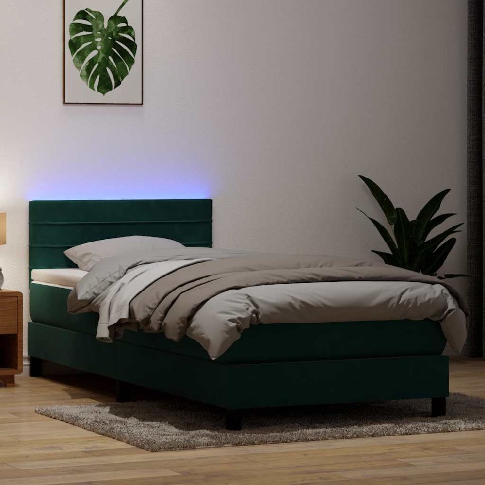 vidaXL Resårsäng med madrass och LED mörkgrön 80x220 cm sammet