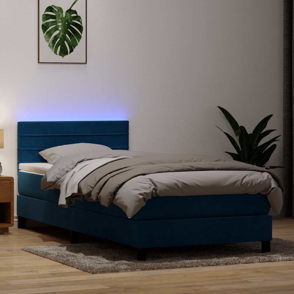 vidaXL Resårsäng med madrass och LED mörkblå 80x220 cm sammet