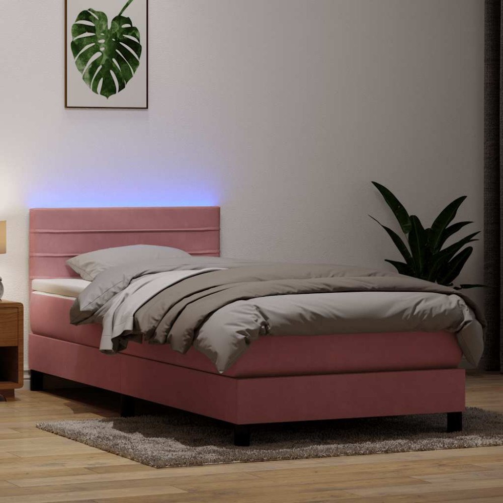 vidaXL Resårsäng med madrass och LED rosa 90x220 cm sammet