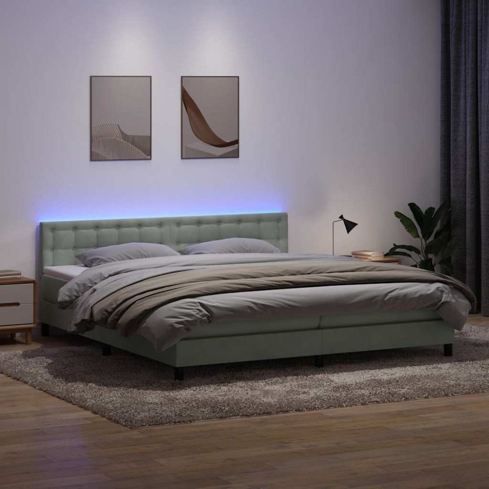 vidaXL Resårsäng med madrass och LED ljusgrå 180x210 cm sammet