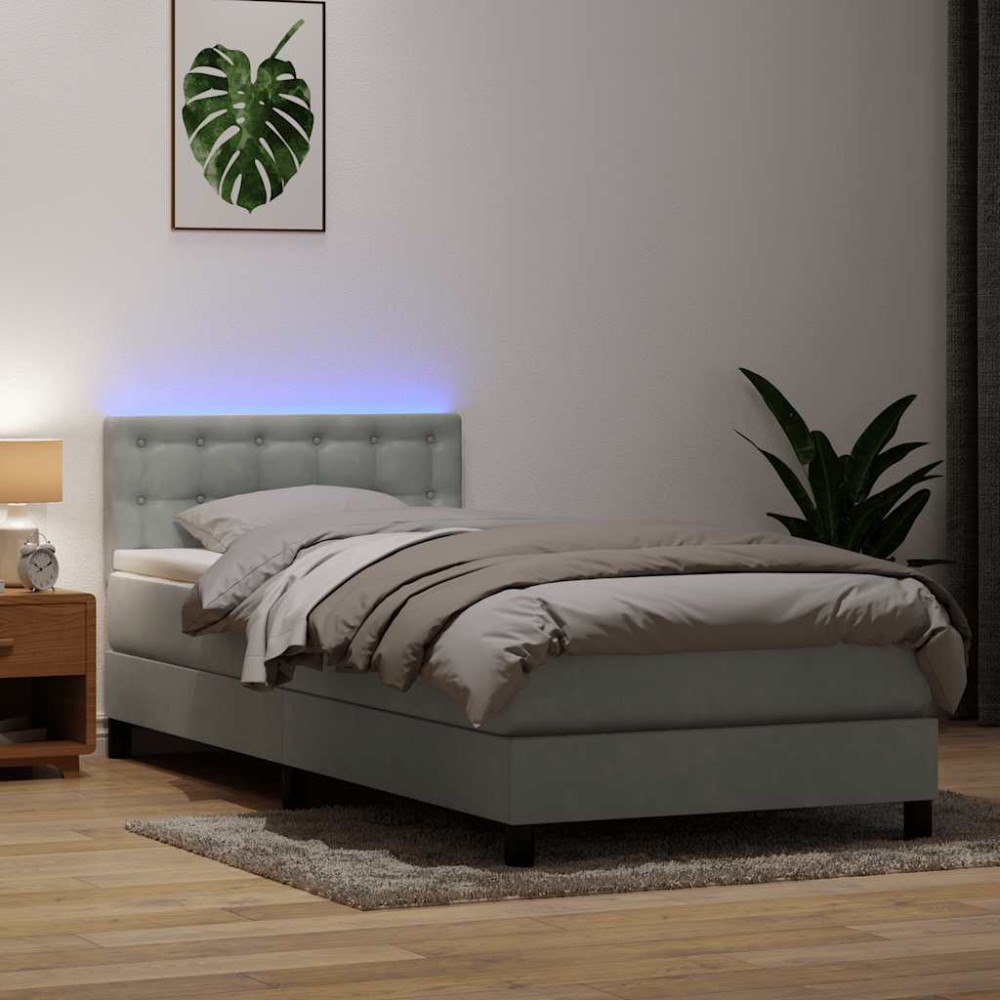 vidaXL Resårsäng med madrass och LED ljusgrå 80x220 cm sammet