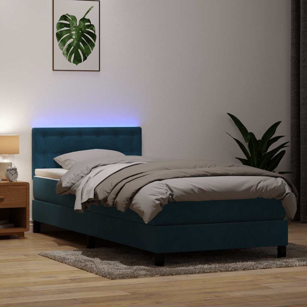 vidaXL Resårsäng med madrass och LED mörkblå 80x220 cm sammet
