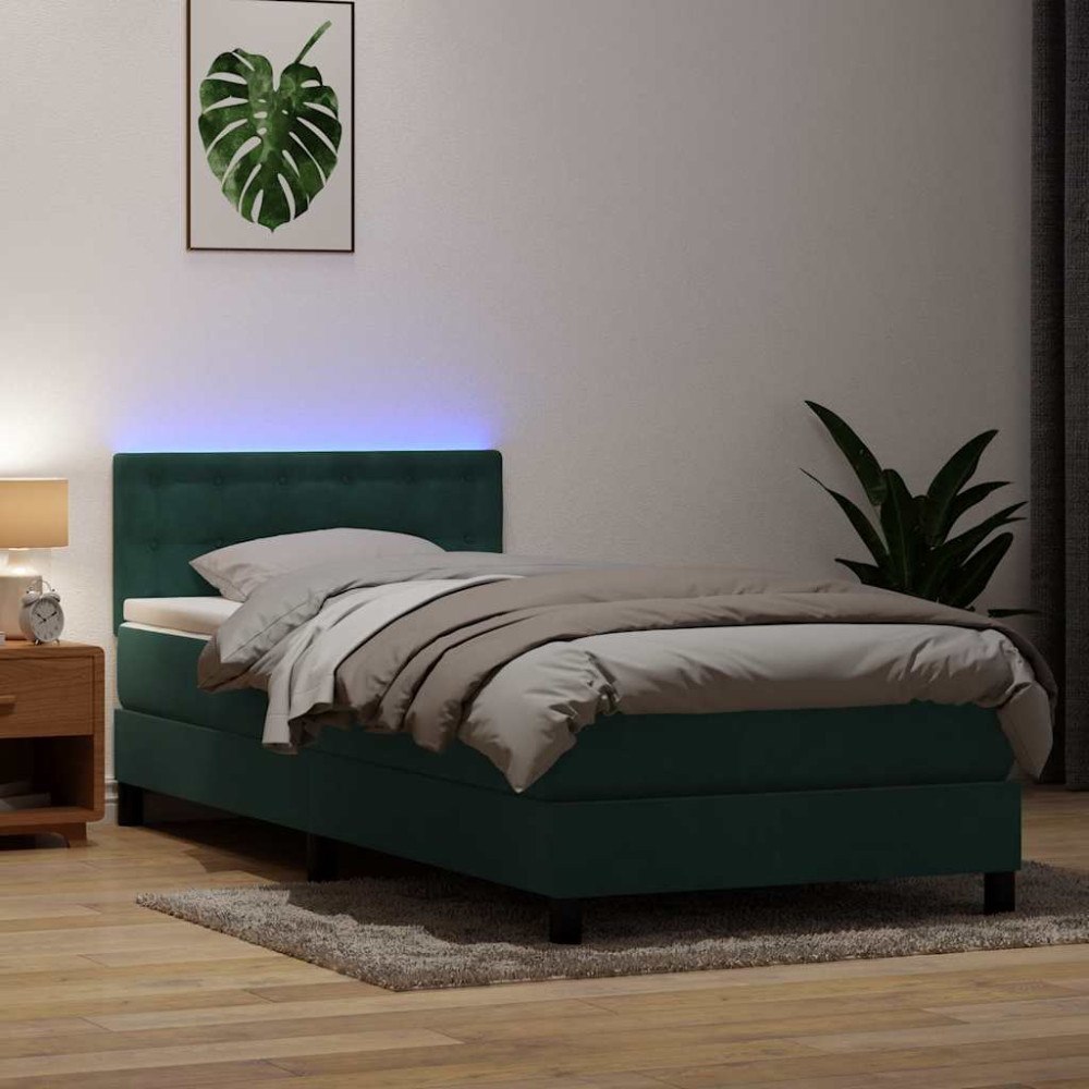 vidaXL Resårsäng med madrass och LED mörkgrön 90x220 cm sammet