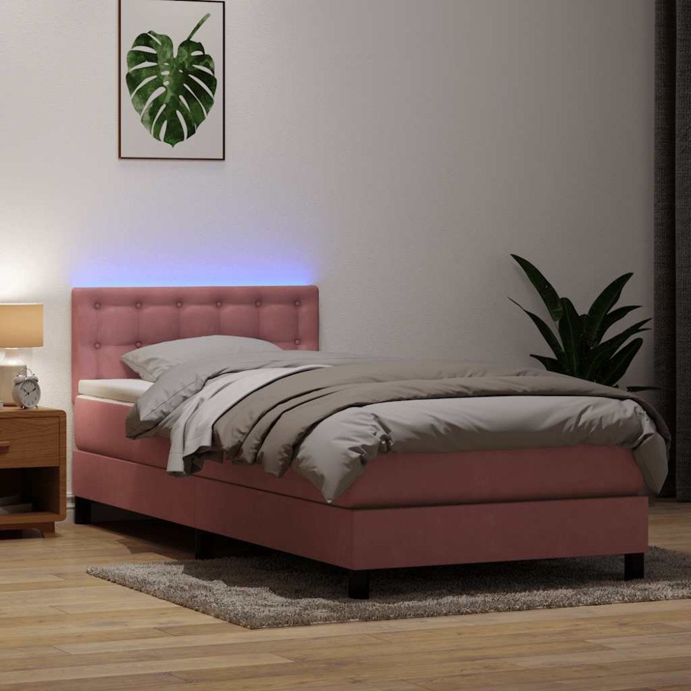 vidaXL Resårsäng med madrass och LED rosa 90x220 cm sammet