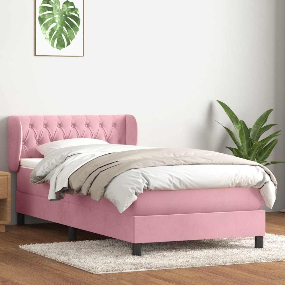 vidaXL Resårsäng med madrass rosa 90x220 cm sammet