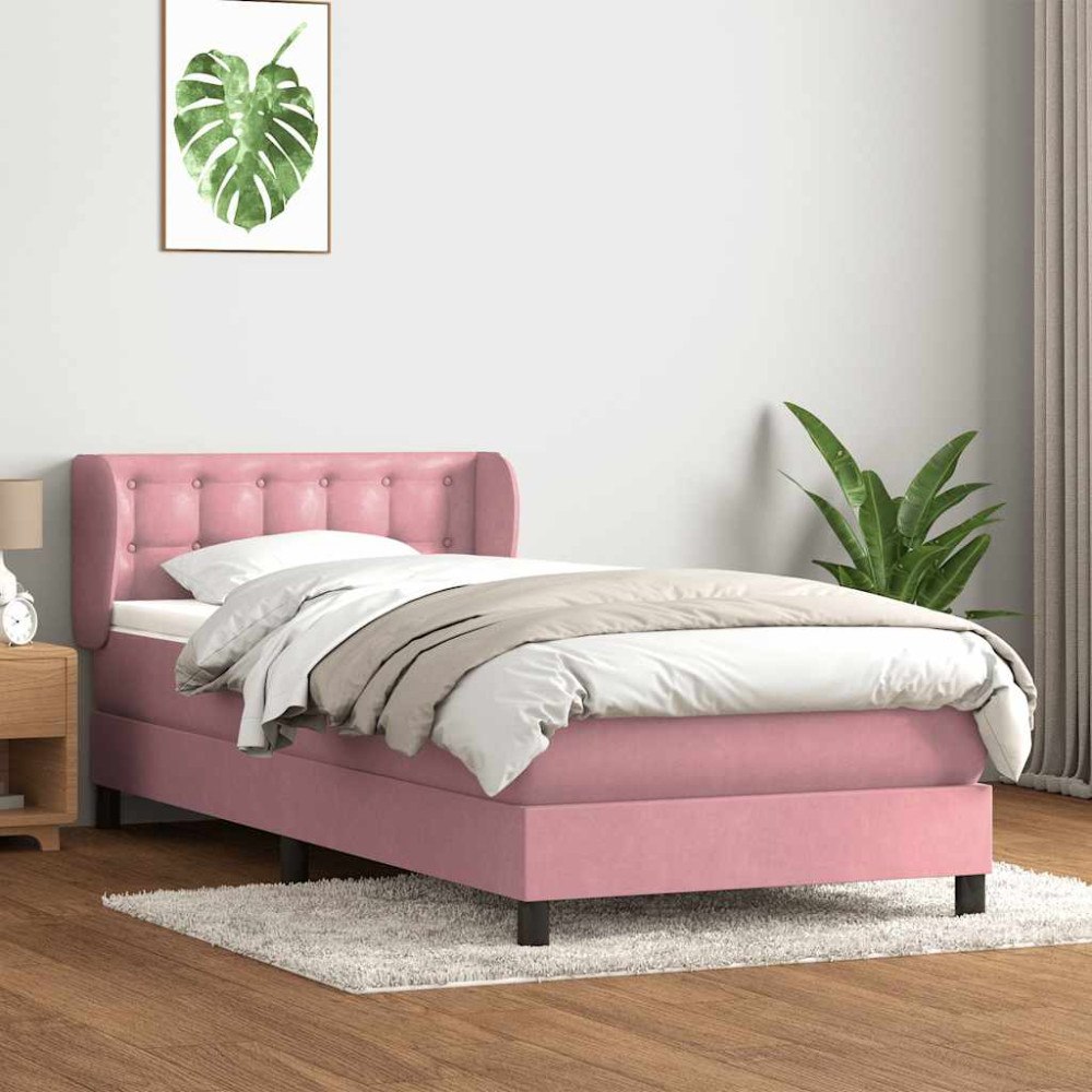 vidaXL Resårsäng med madrass rosa 90x220 cm sammet