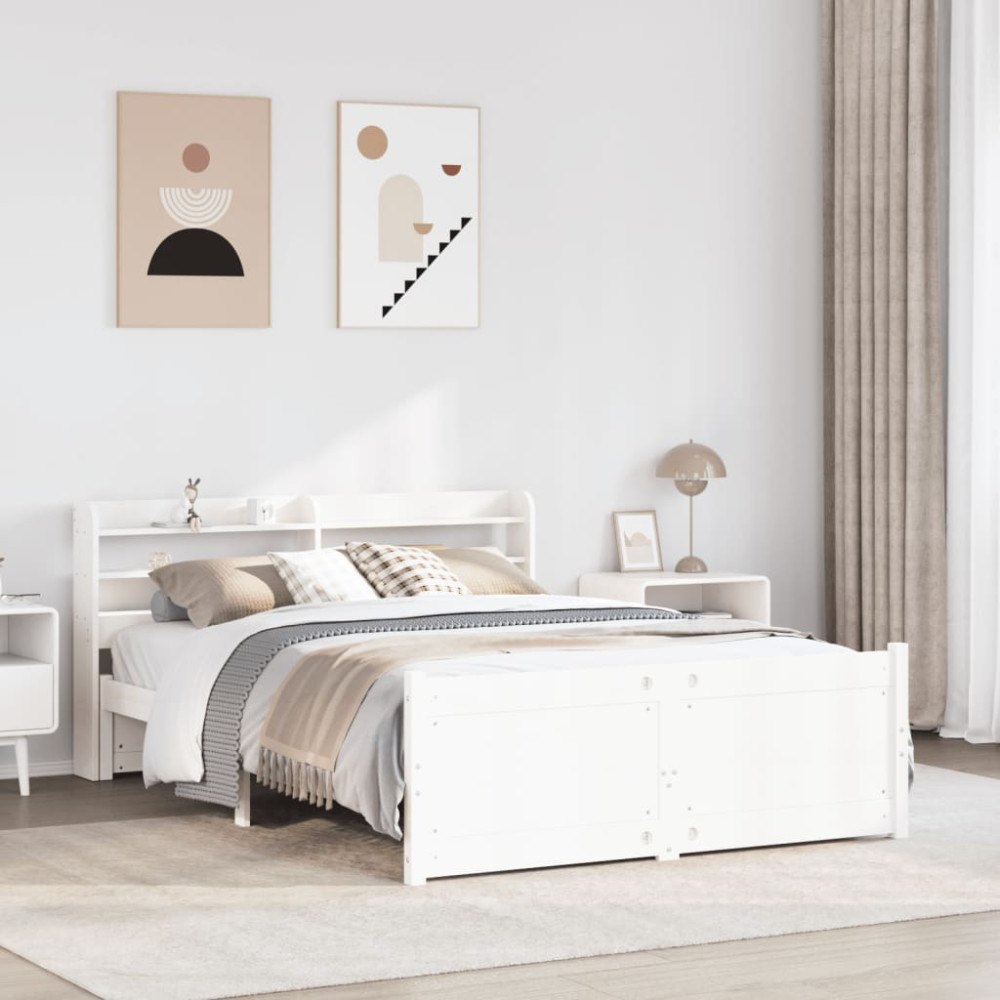 vidaXL Sängram med huvudgavel vit 135x190 cm massiv furu