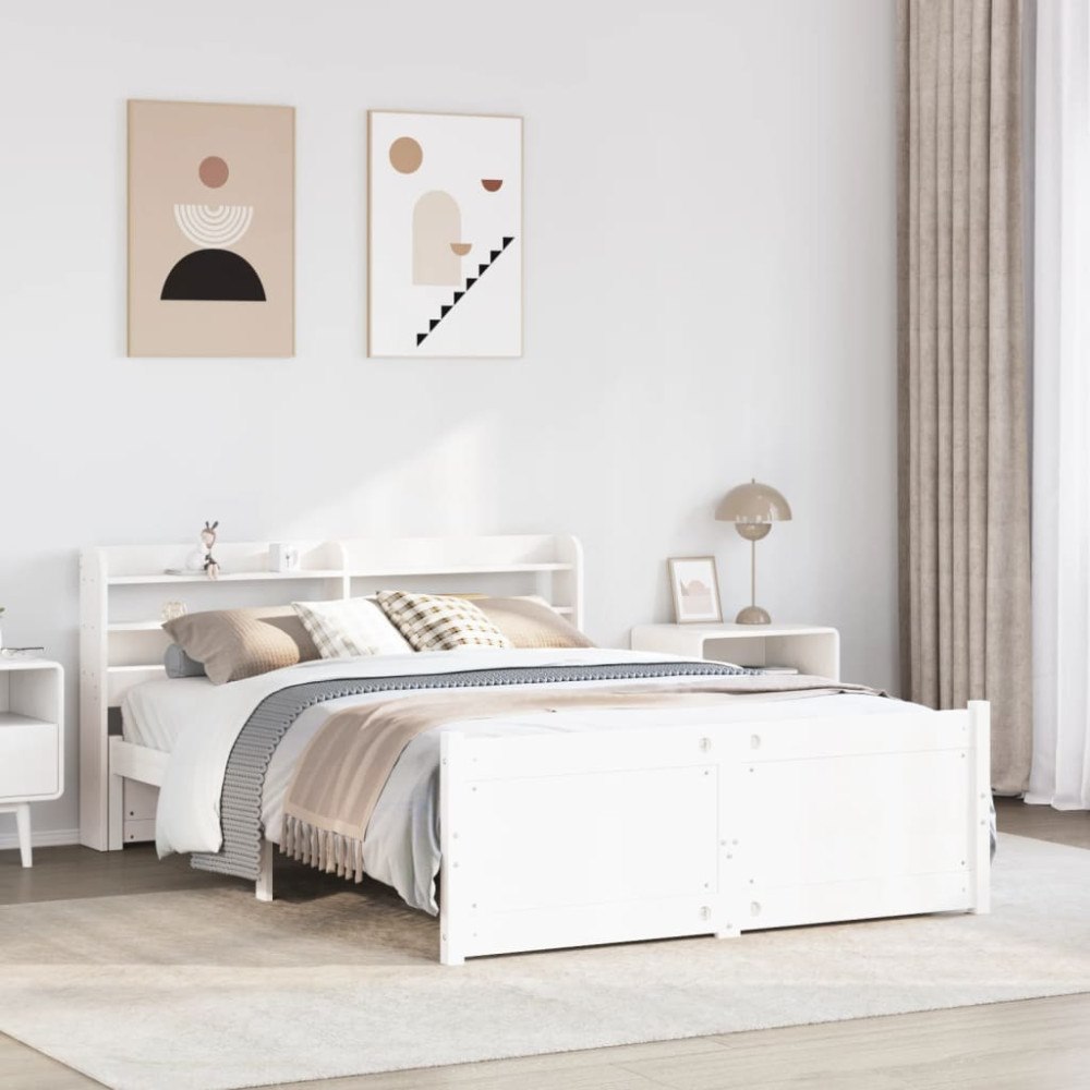 vidaXL Sängram med huvudgavel vit 150x200 cm massiv furu