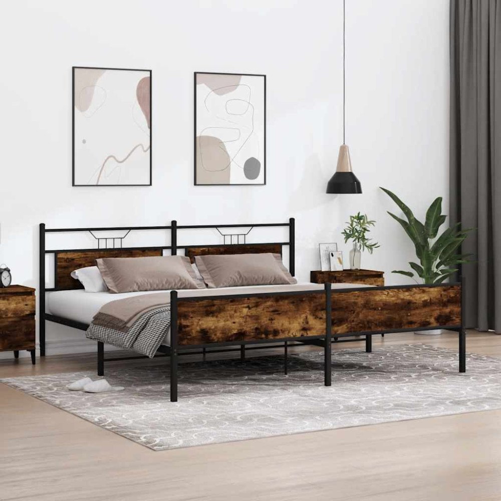 vidaXL Sängram utan madrass metall rökfärgad ek 193x201 cm