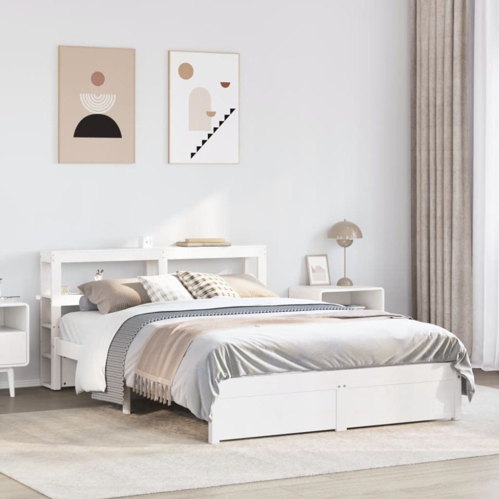 vidaXL Sängram med huvudgavel vit 150x200 cm massiv furu