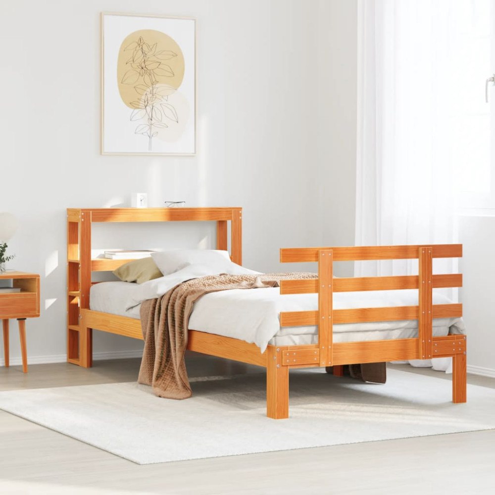 vidaXL Sängram med huvudgavel vaxbrun 75x190 cm massiv furu