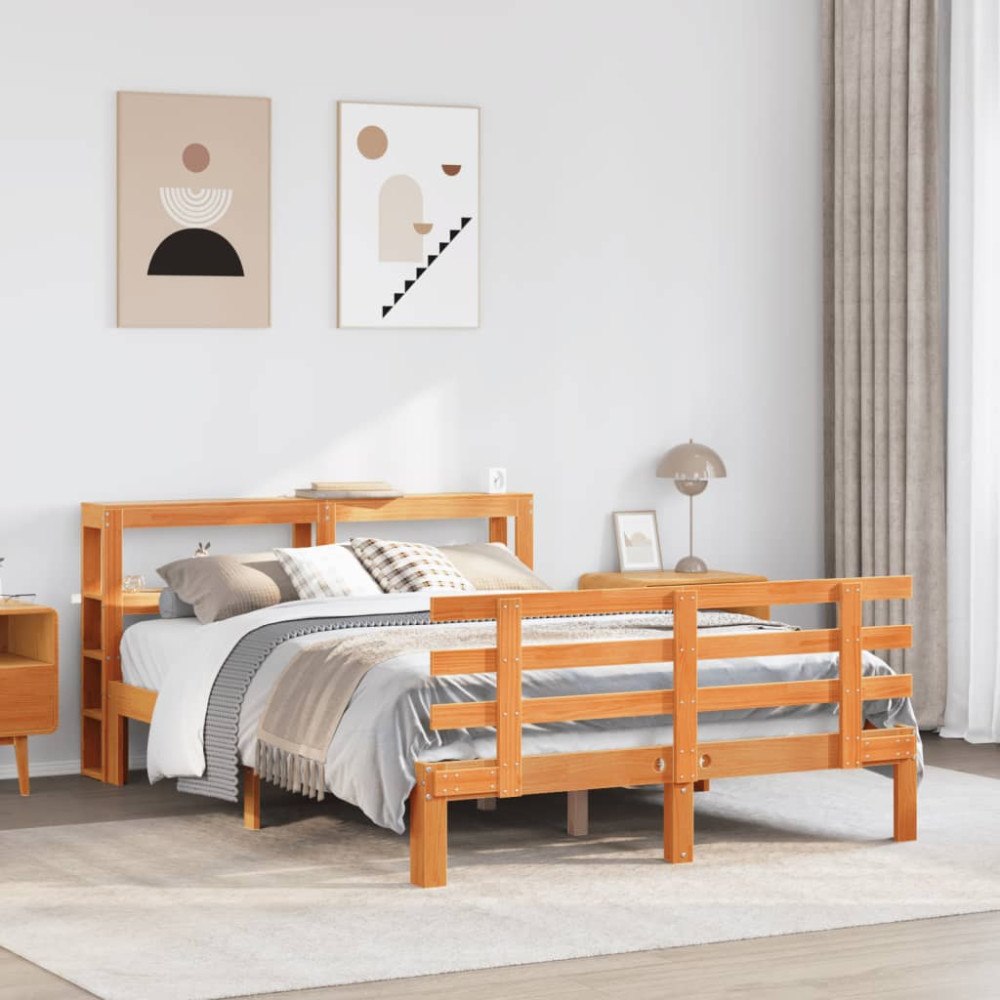 vidaXL Sängram med huvudgavel vaxbrun 140x190 cm massiv furu
