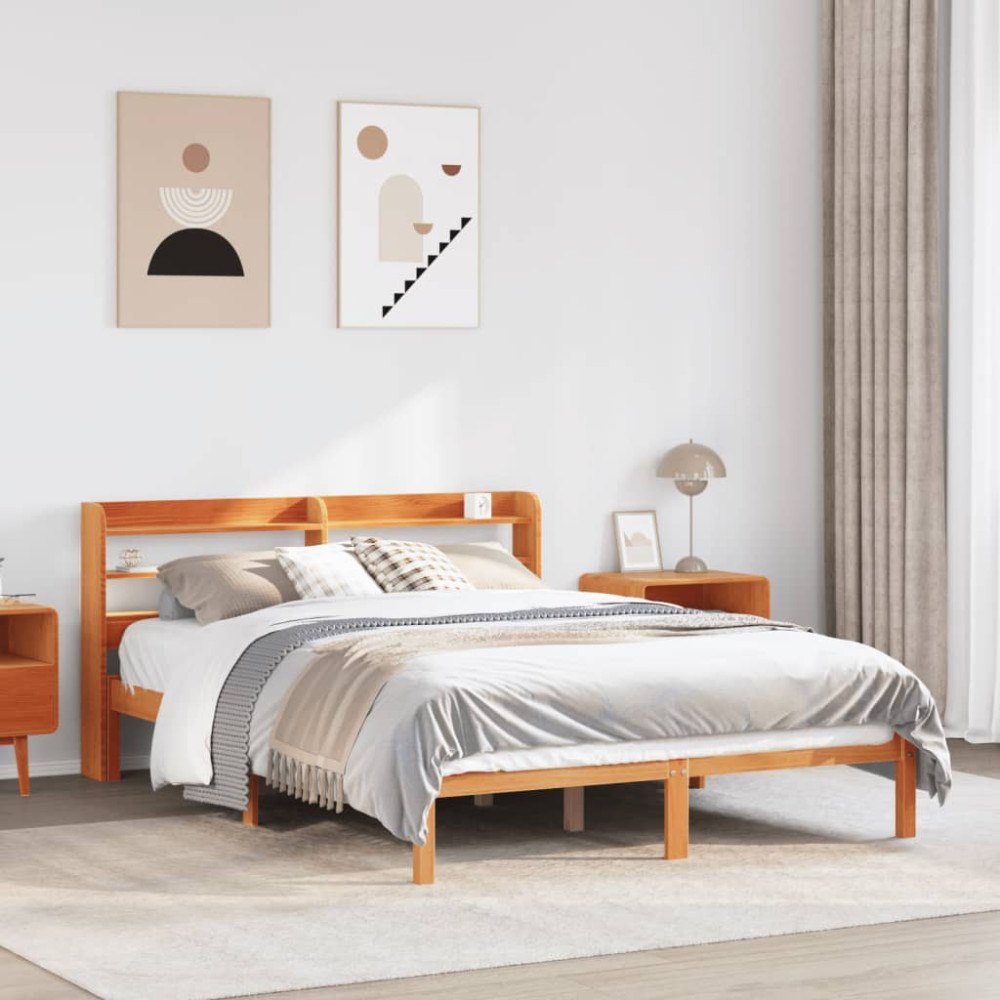 vidaXL Sängram med huvudgavel vaxbrun 135x190 cm massiv furu
