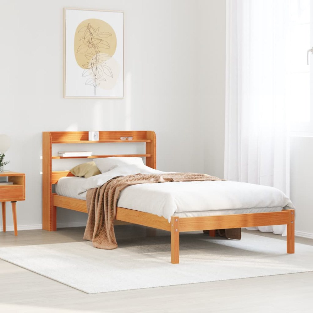 vidaXL Sängram med huvudgavel vaxbrun 100x200 cm massiv furu